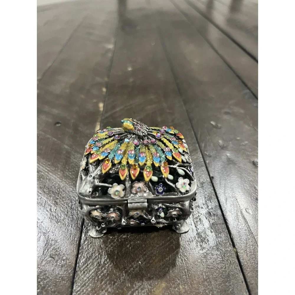 Vintage Peacock Enamel Rhinestone Floral Tree Footed Trinket‎ Box Heavy Hinged